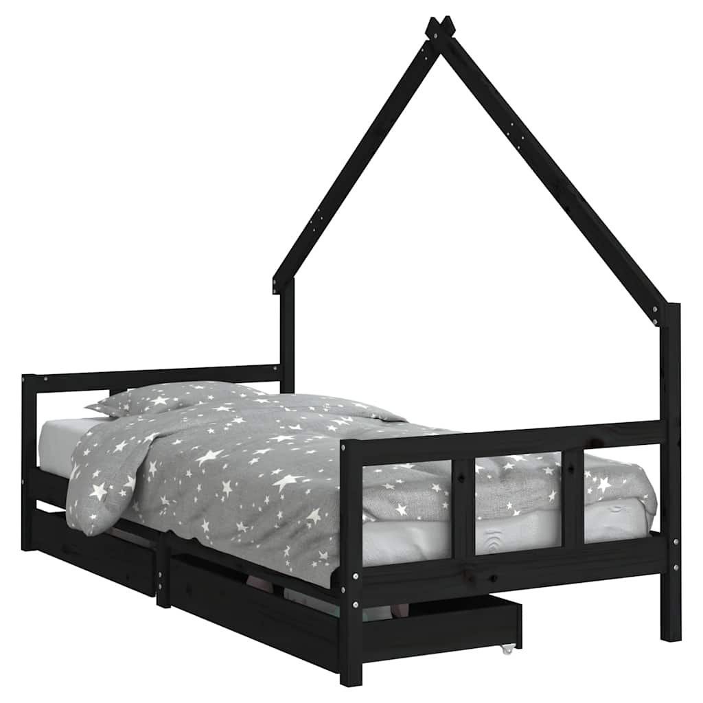 Okvir za dječji krevet s ladicama crni 90 x 200 cm od borovine