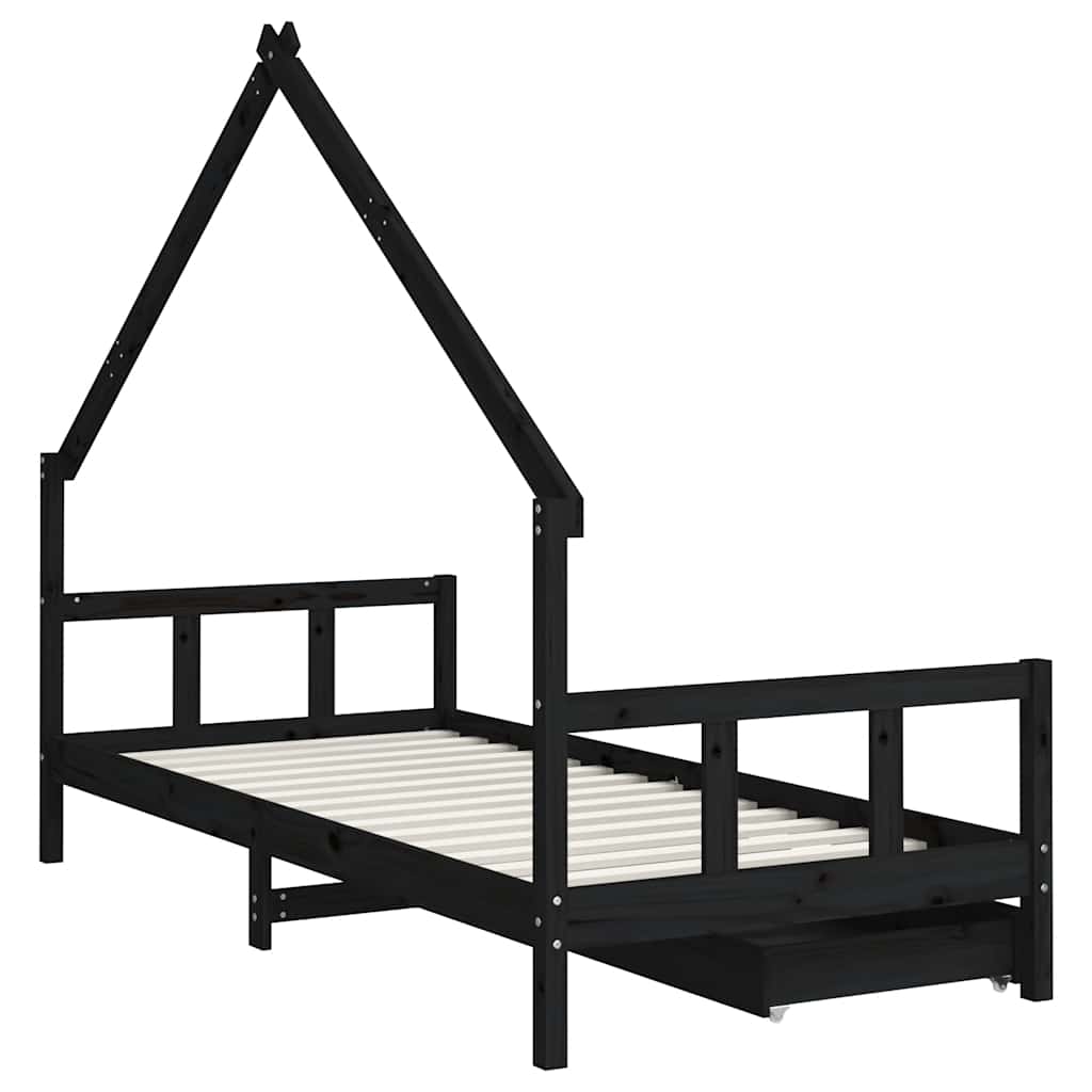 Okvir za dječji krevet s ladicama crni 90 x 200 cm od borovine
