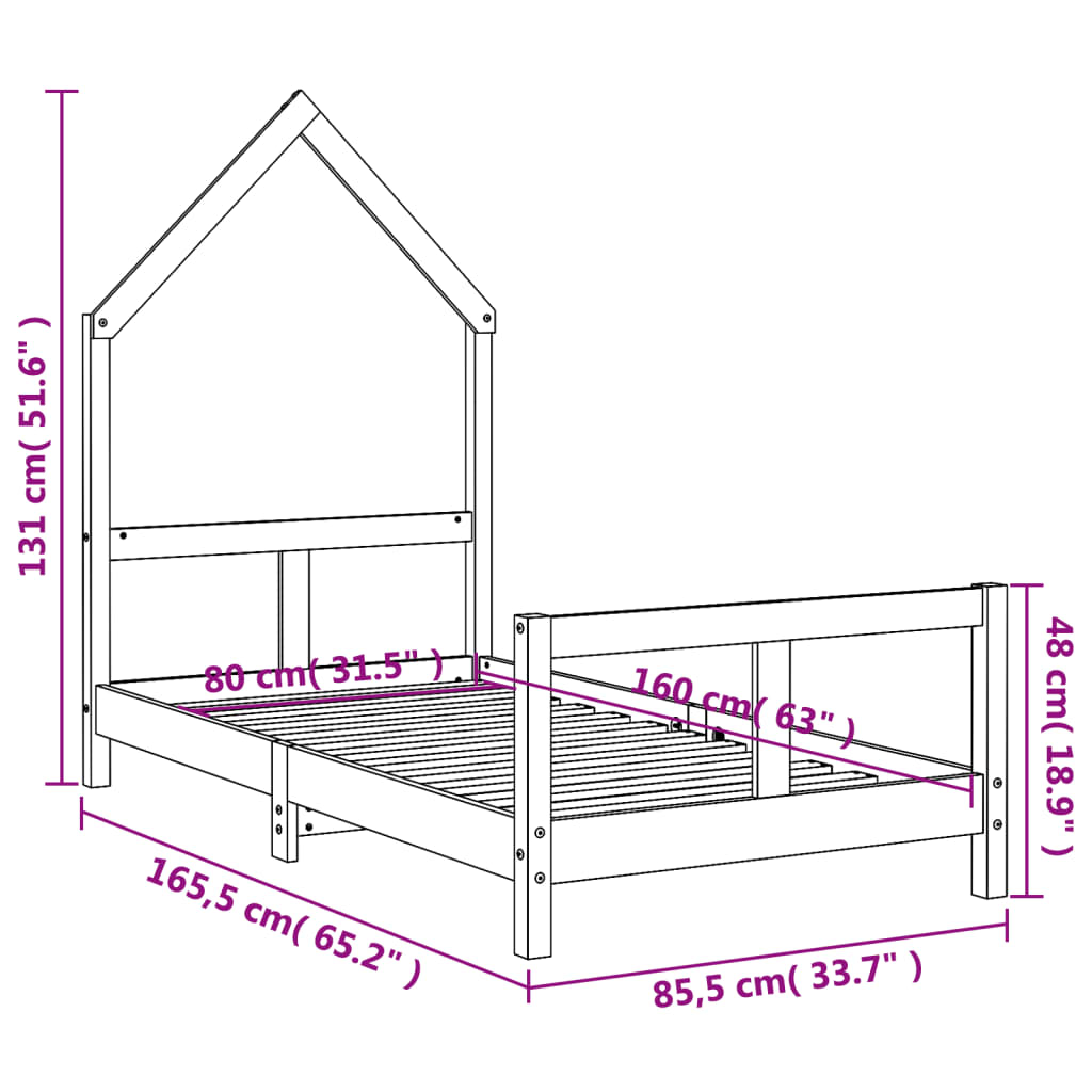 Okvir za dječji krevet crni 80 x 160 cm od masivne borovine