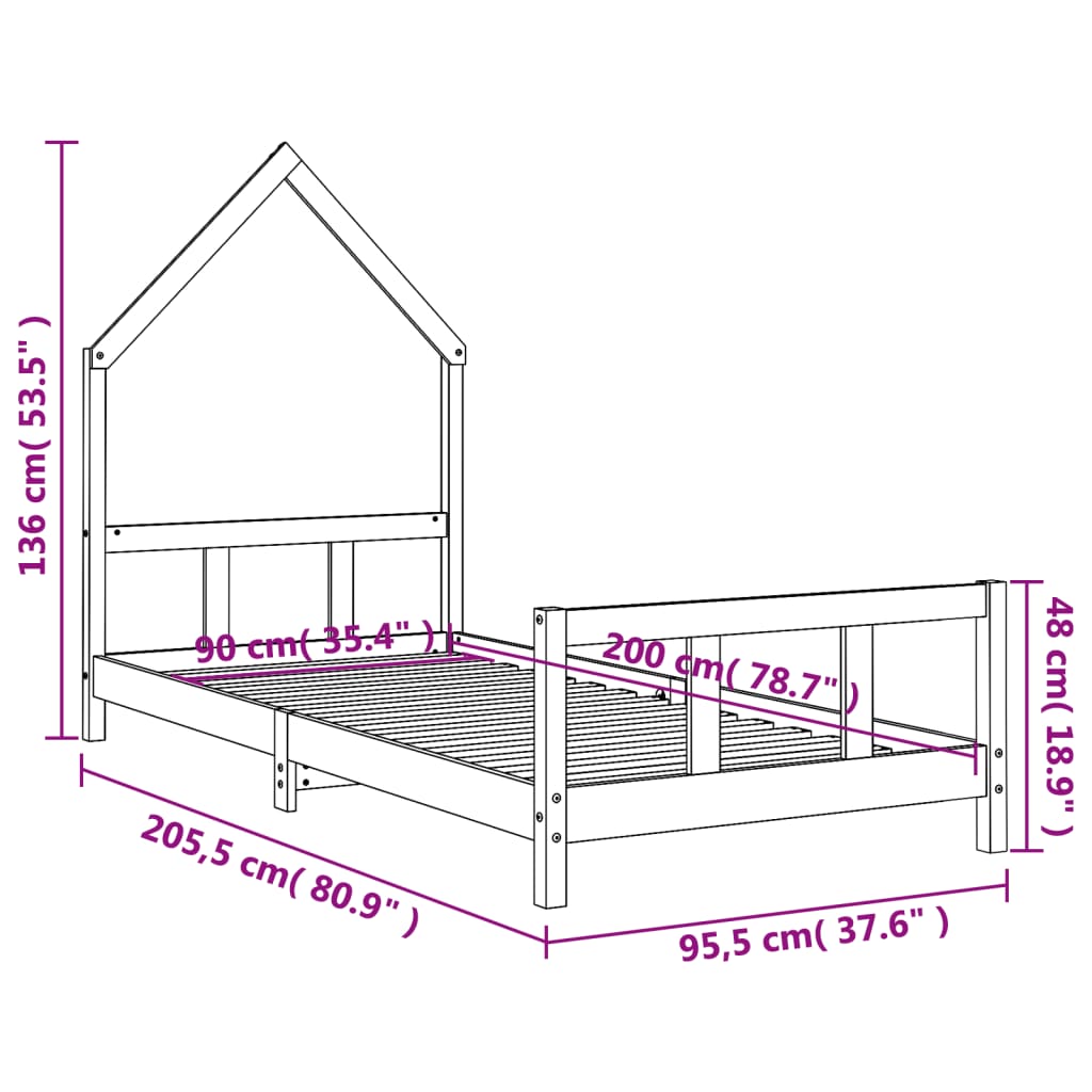 Okvir za dječji krevet crni 90 x 200 cm od masivne borovine