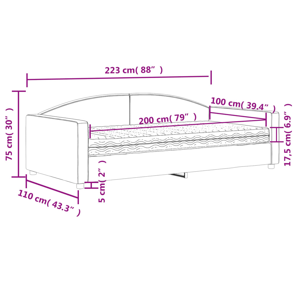 Dnevni krevet s madracem tamnosivi 100 x 200 cm od tkanine