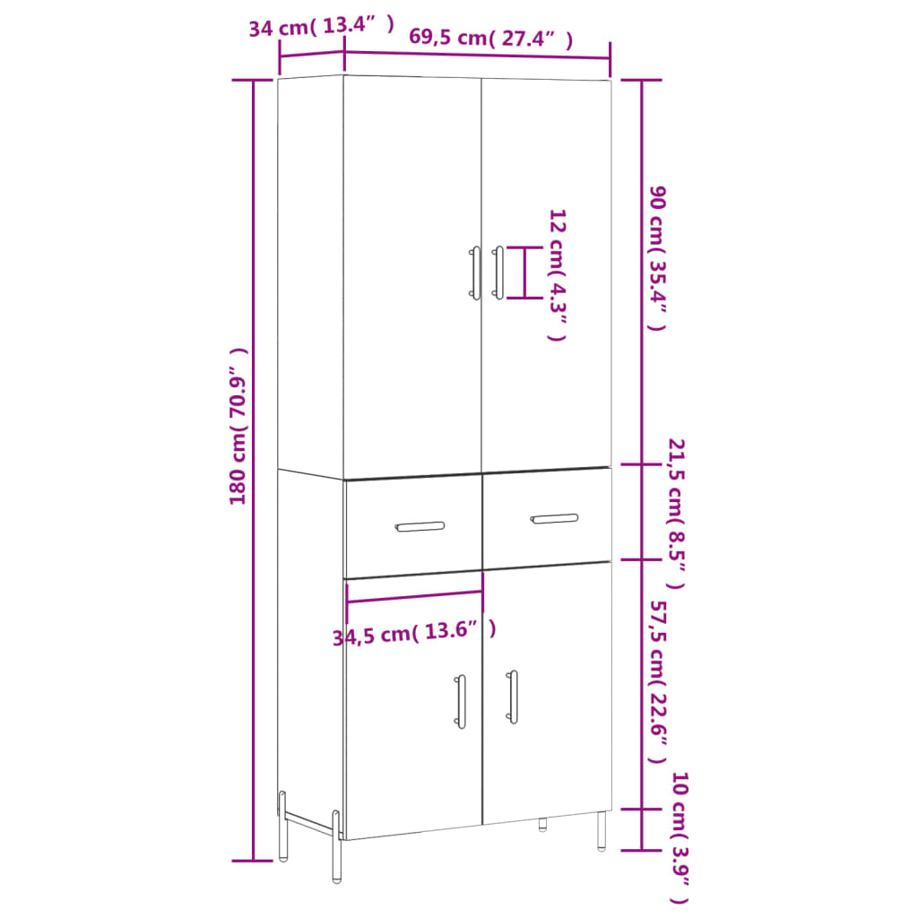 Visoka komoda siva betona 69,5x34x180 cm od konstruiranog drva