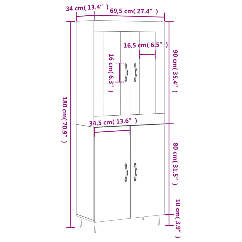 Visoka komoda siva betona 69,5x34x180 cm od konstruiranog drva