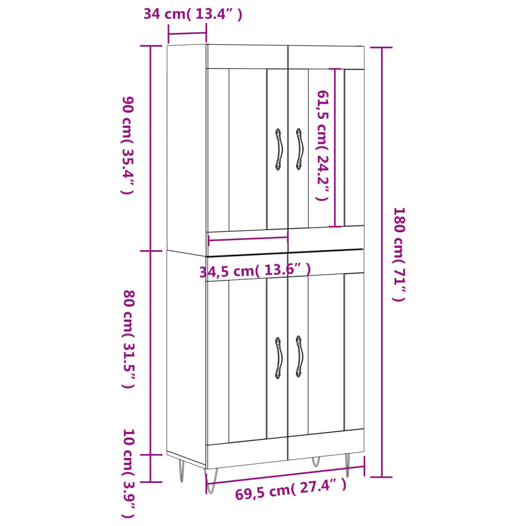 Visoka komoda dimljeni hrast 69,5x34x180 cm konstruiranog drva