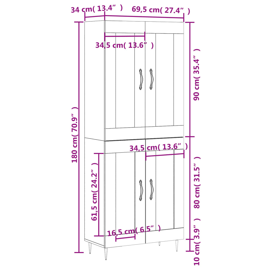 Visoka komoda siva betona 69,5x34x180 cm od konstruiranog drva