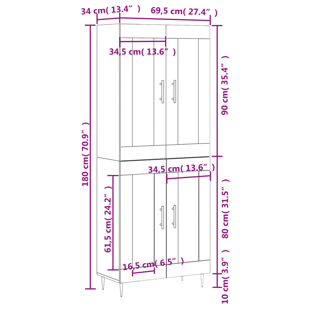 Visoka komoda siva sonome 69,5x34x180 cm od konstruiranog drva