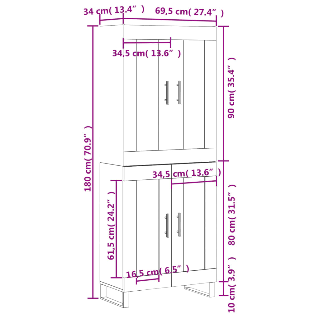Visoka komoda bijela 69,5x34x180 cm konstruirano drvo