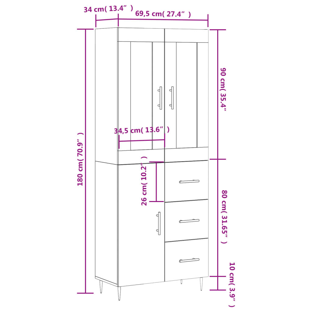 Visoka komoda siva sonome 69,5x34x180 cm od konstruiranog drva