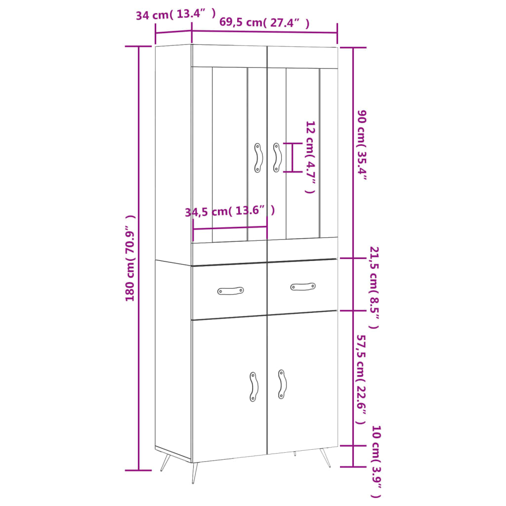 Visoka komoda siva sonome 69,5x34x180 cm od konstruiranog drva