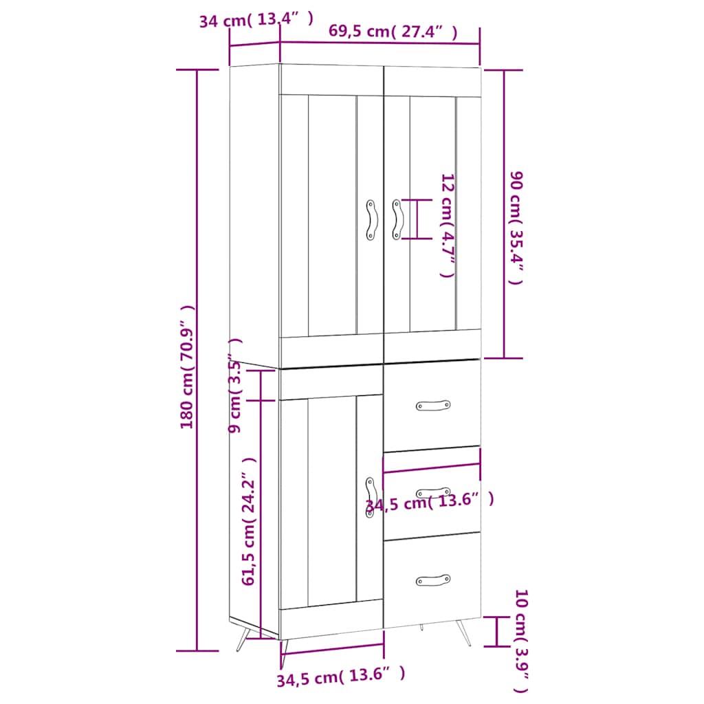 Visoka komoda crni 69,5x34x180 cm konstruirano drvo
