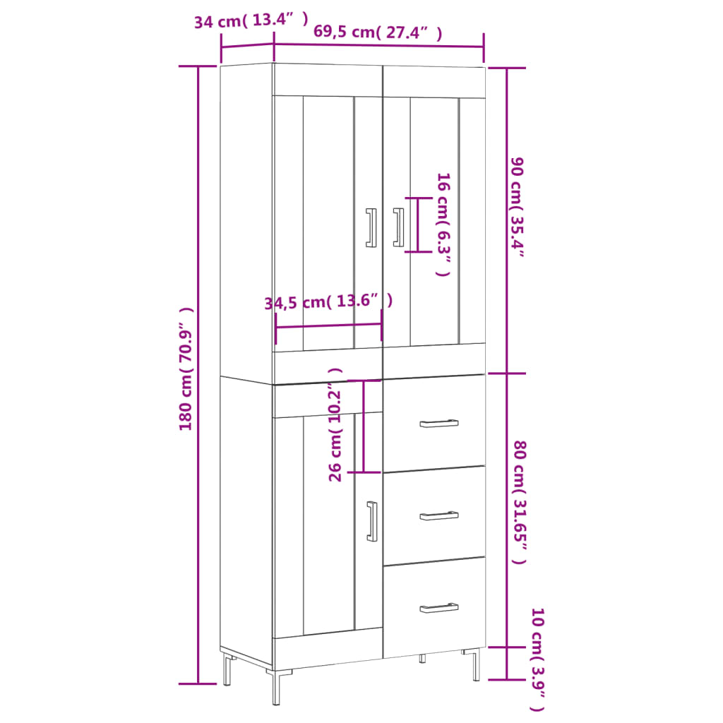 Visoka komoda dimljeni hrast 69,5x34x180 cm konstruiranog drva