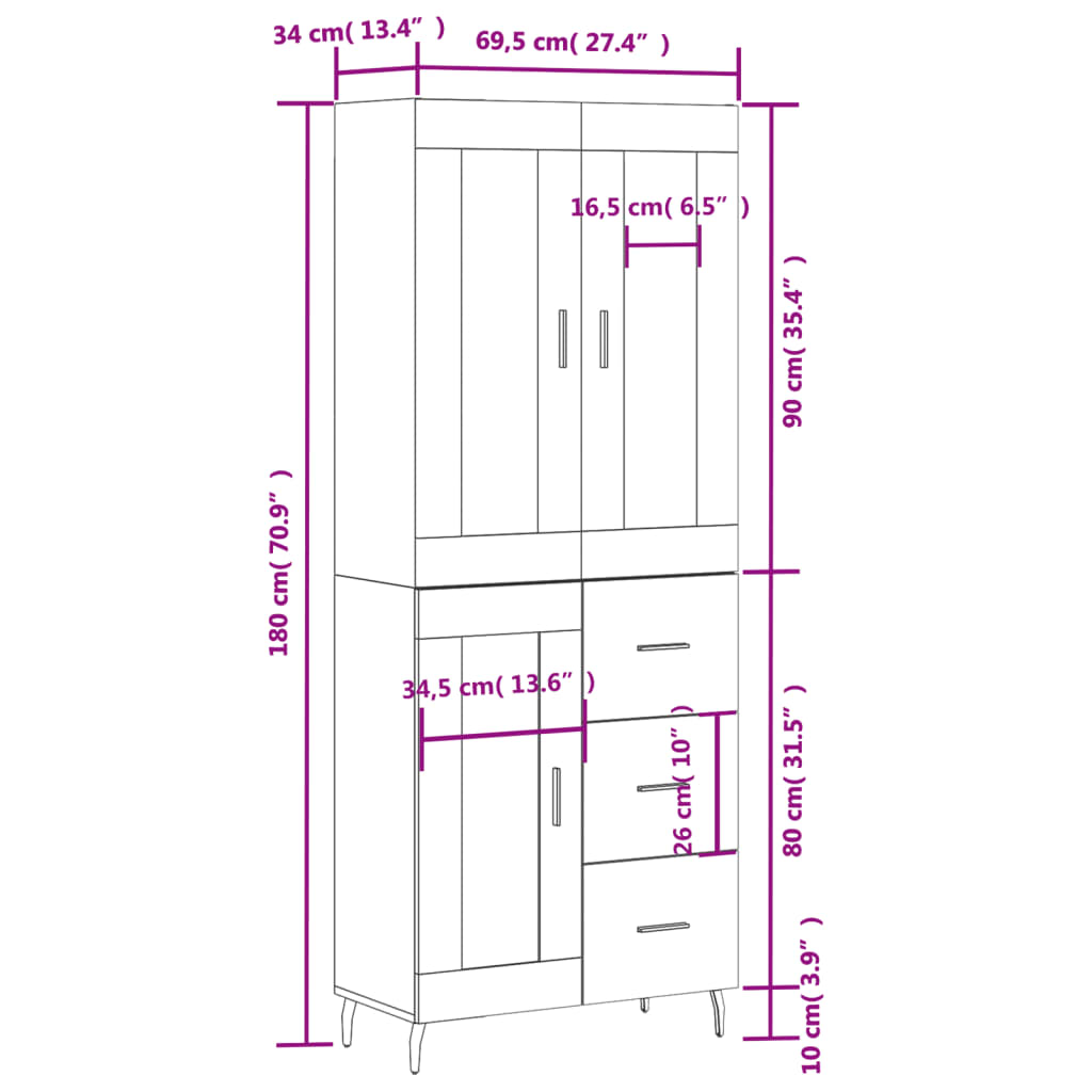 Visoka komoda hrasta sonome 69,5x34x180cm od konstruiranog drva