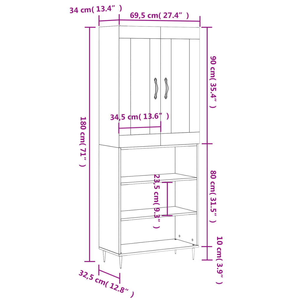 Visoka komoda siva betona 69,5x34x180 cm od konstruiranog drva