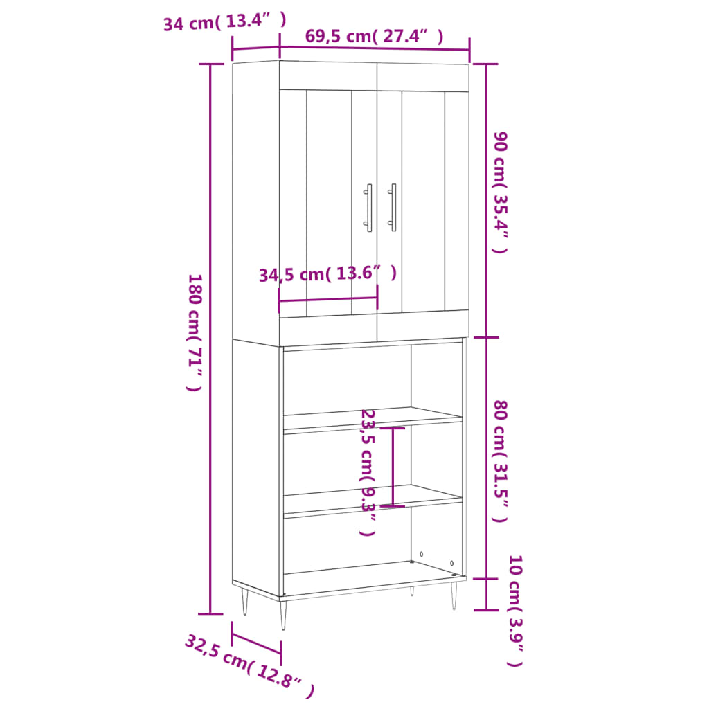 Visoka komoda siva sonome 69,5x34x180 cm od konstruiranog drva