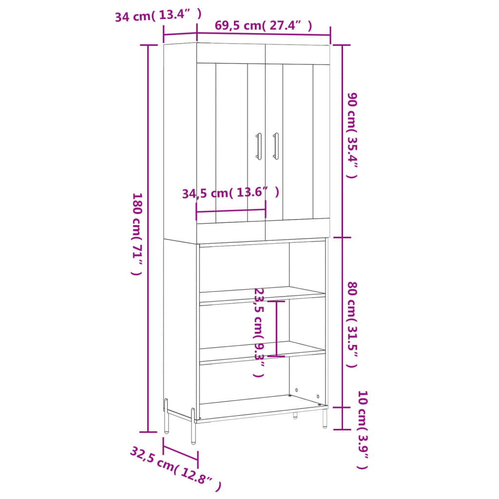 Visoka komoda siva betona 69,5x34x180 cm od konstruiranog drva