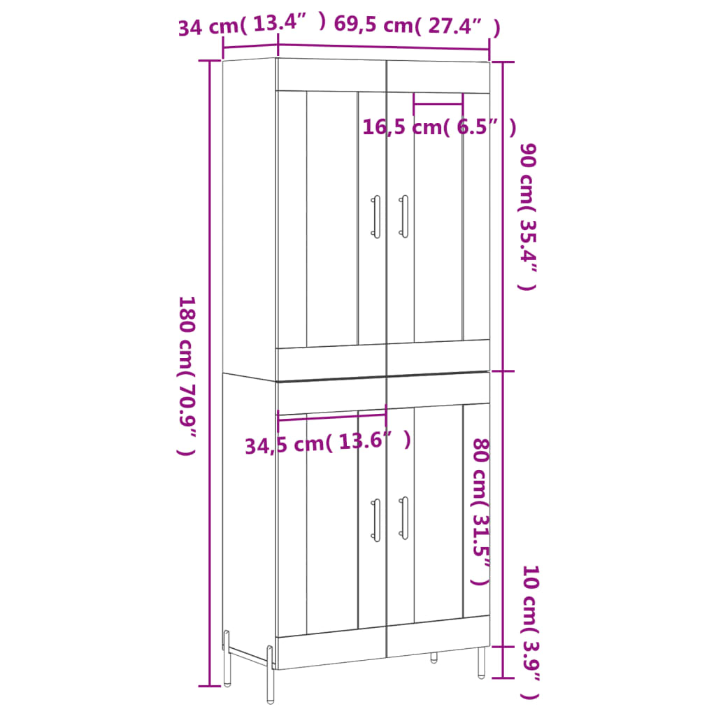 Visoka komoda dimljeni hrast 69,5x34x180 cm konstruiranog drva