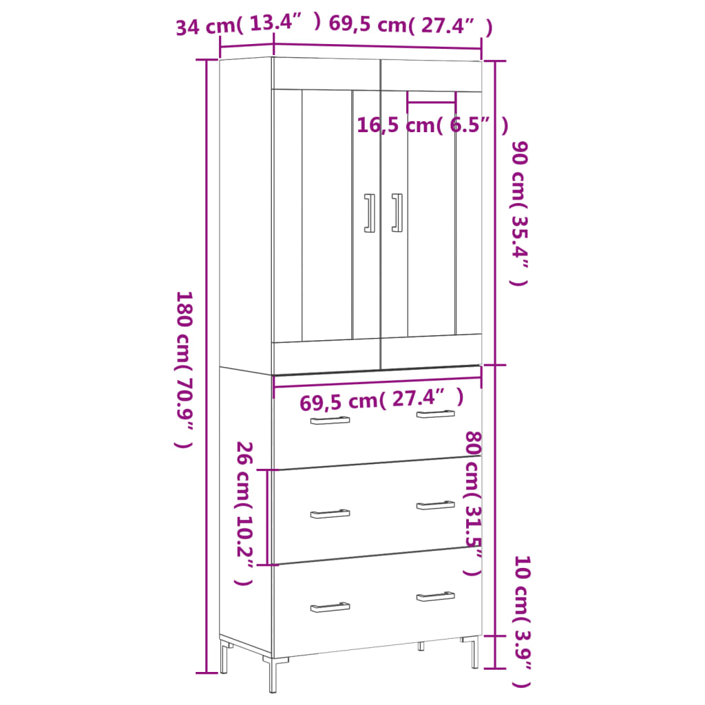 Visoka komoda siva betona 69,5x34x180 cm od konstruiranog drva