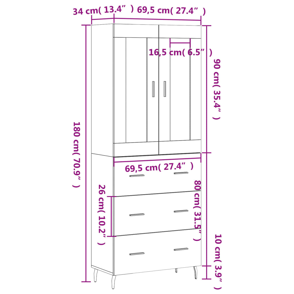 Visoka komoda bijela 69,5x34x180 cm konstruirano drvo