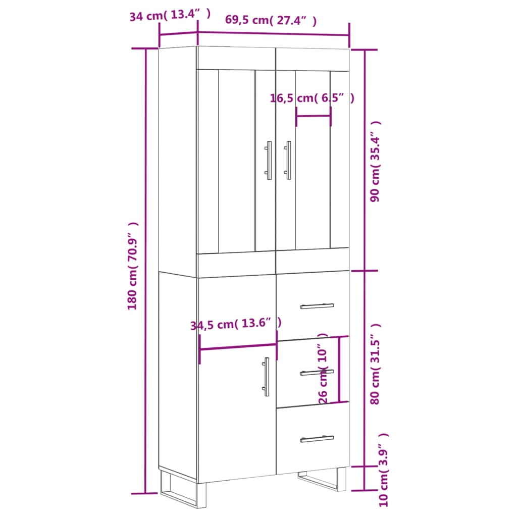 Visoka komoda dimljeni hrast 69,5x34x180 cm konstruiranog drva