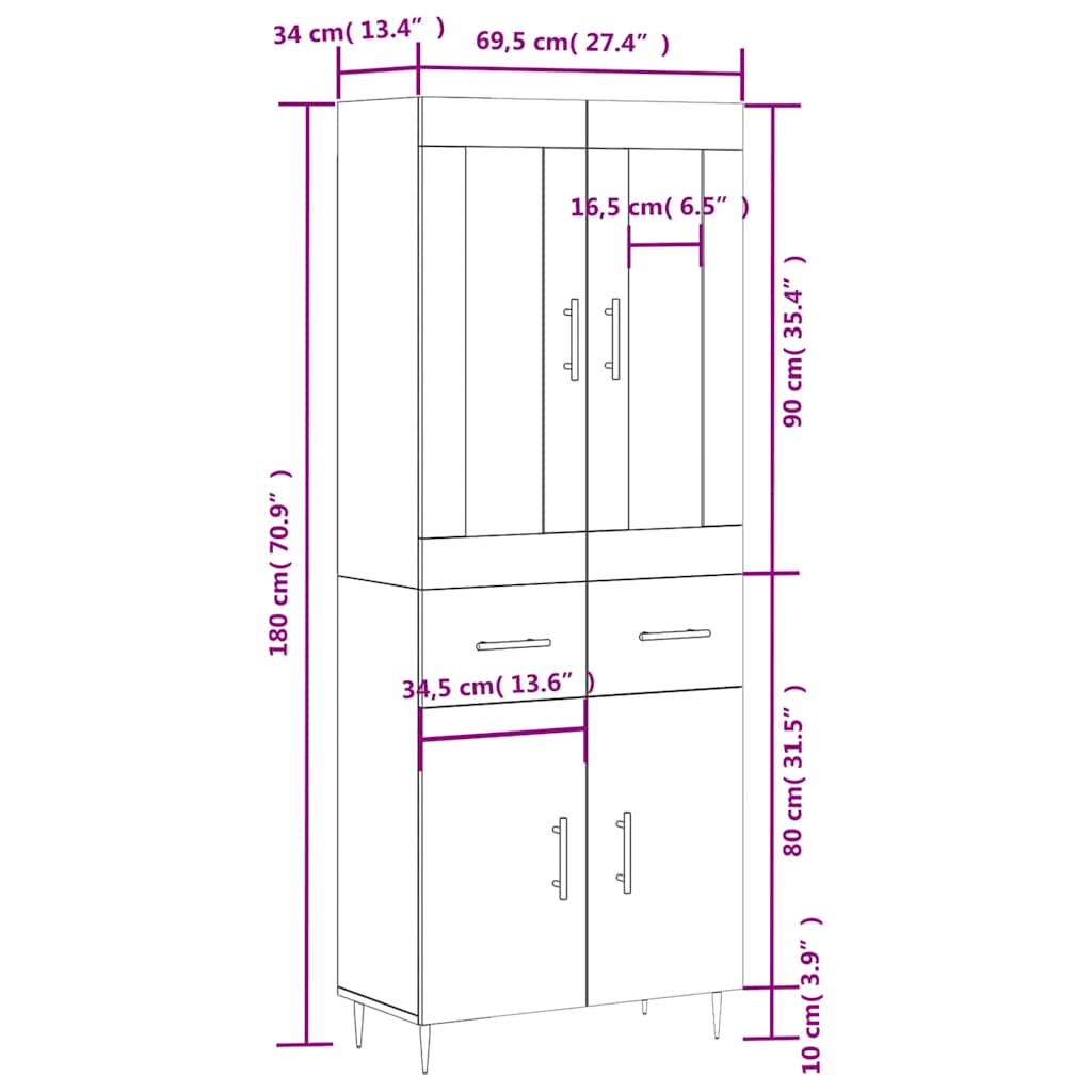 Visoka komoda bijela 69,5x34x180 cm konstruirano drvo