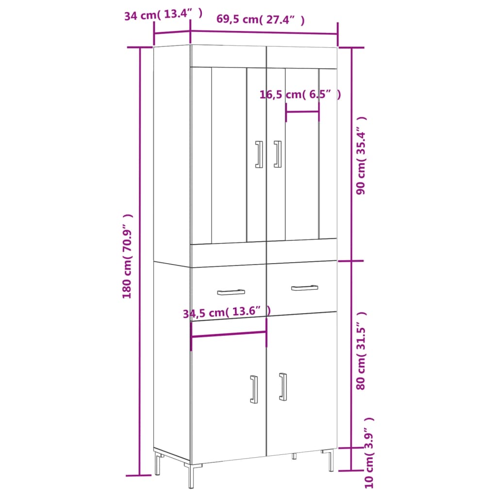 Visoka komoda dimljeni hrast 69,5x34x180 cm konstruiranog drva