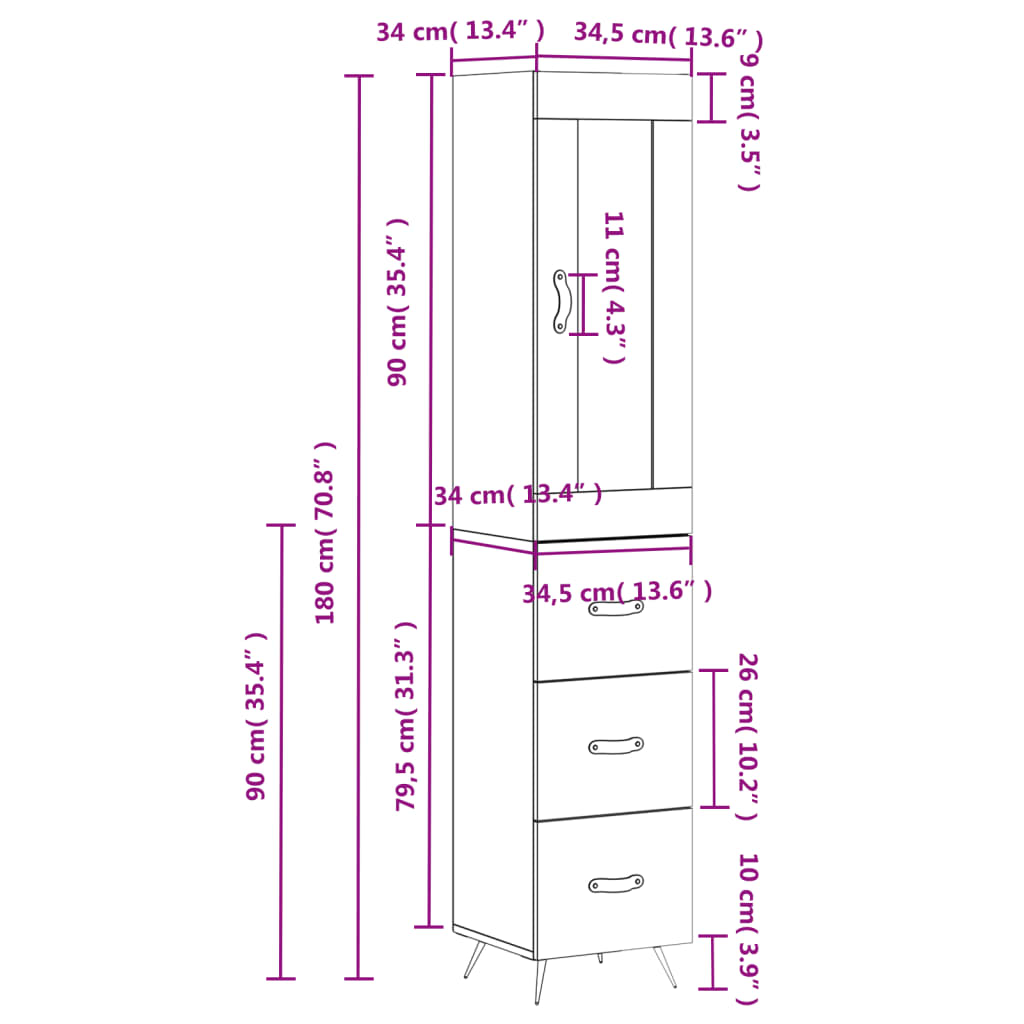 Visoka komoda sjajna bijela 34,5x34x180 cm konstruirano drvo