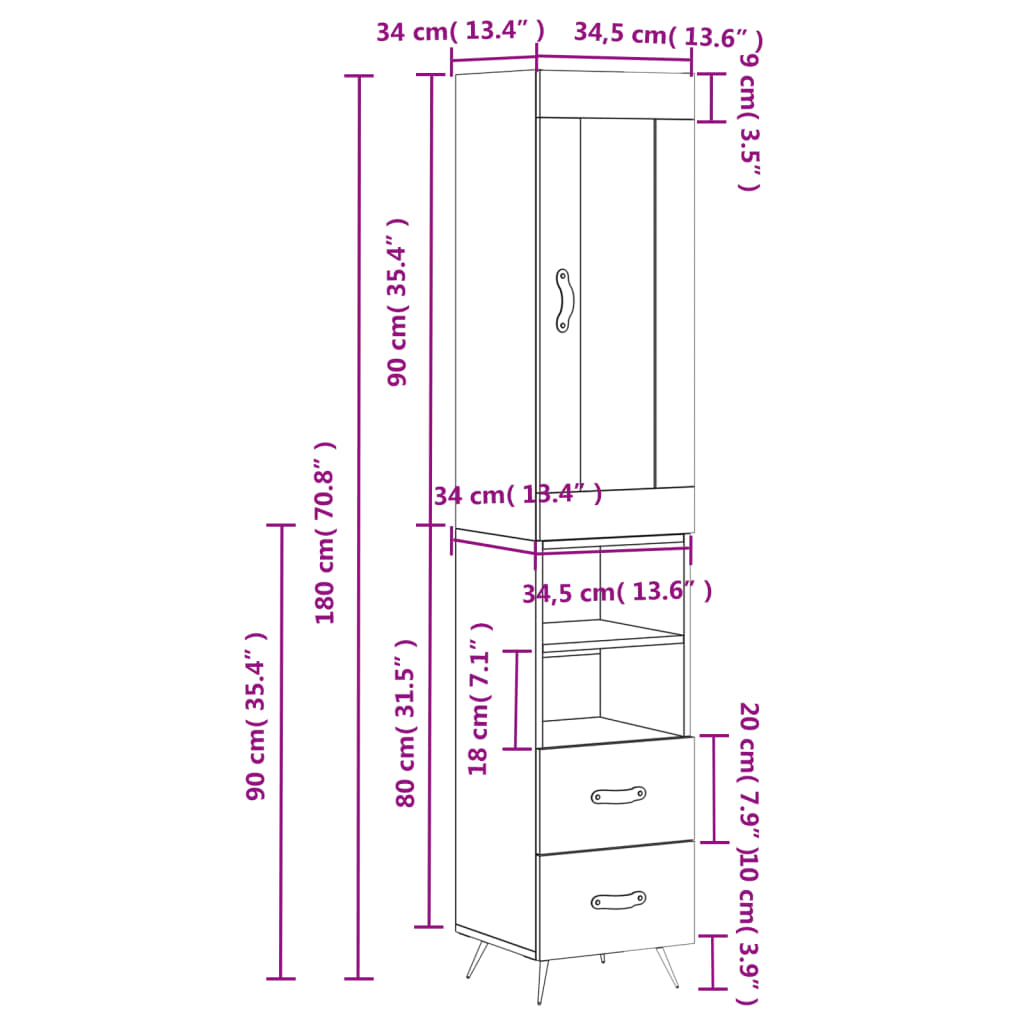 Visoka komoda siva sonome 34,5x34x180 cm od konstruiranog drva