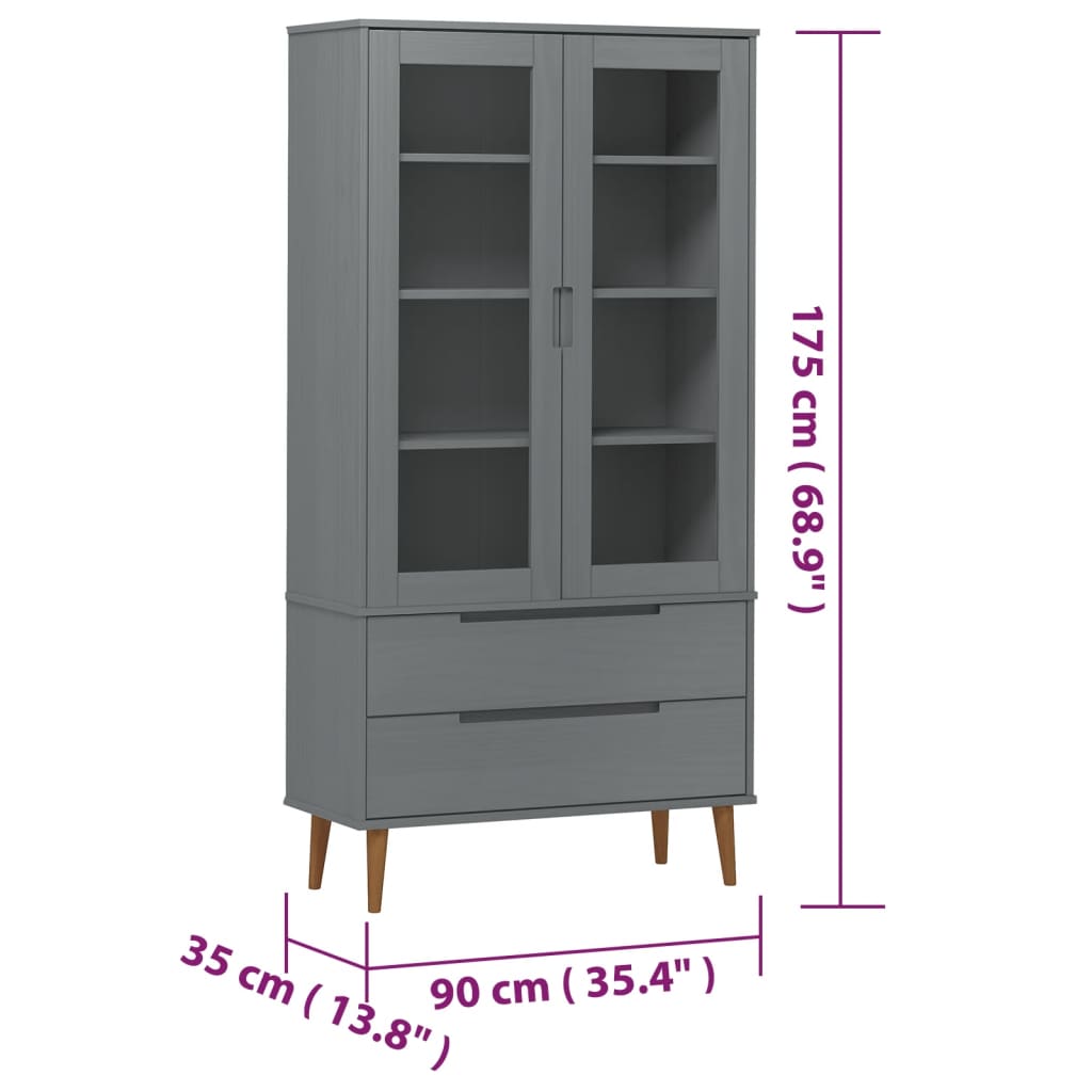 Vitrina MOLDE siva 90 x 35 x 175 cm od masivne borovine