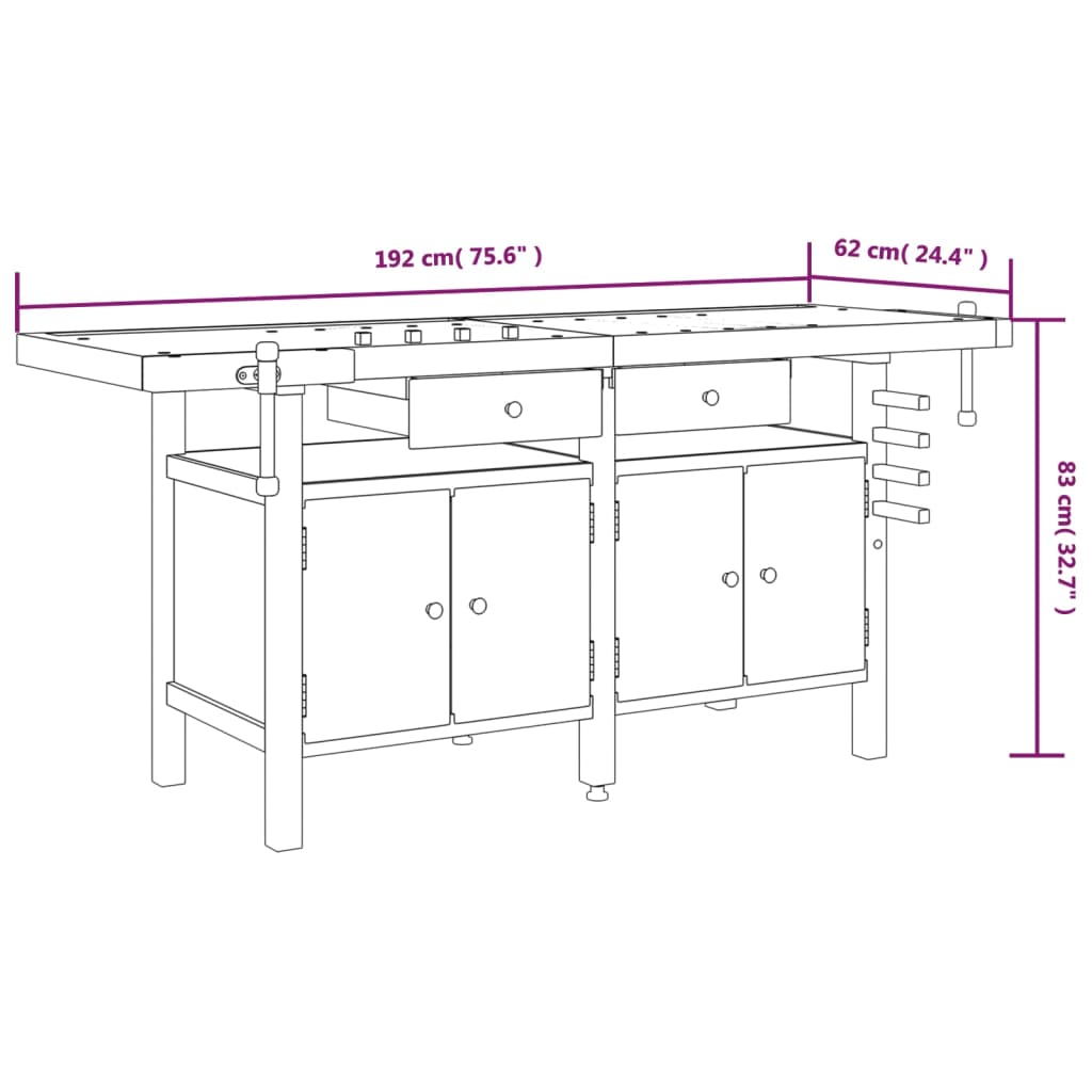 Radni stol s ladicama i škripcima 192x62x83 cm od drva bagrema