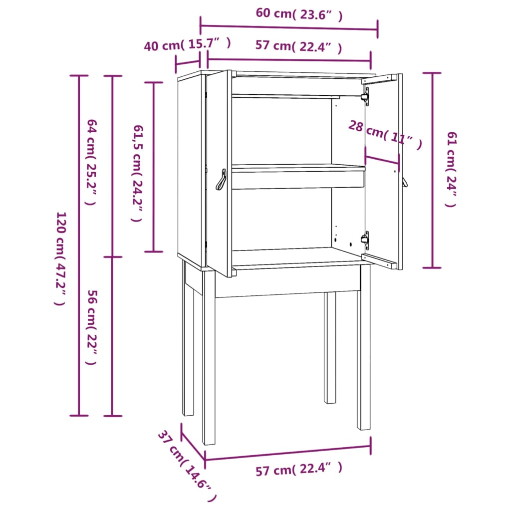 Visoka komoda crna 60 x 40 x 120 cm od masivne borovine