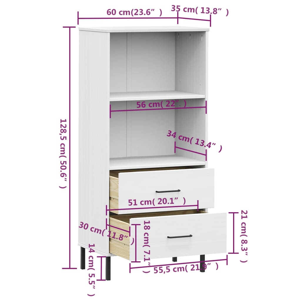 Regal knjige s 2 ladice bijeli 60x35x128,5 cm masivno drvo OSLO