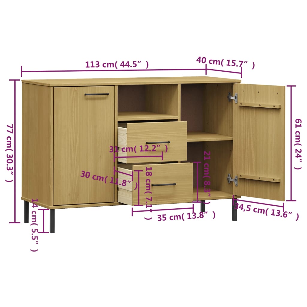 Komoda s metalnim nogama smeđa 113x40x77 cm masivno drvo OSLO