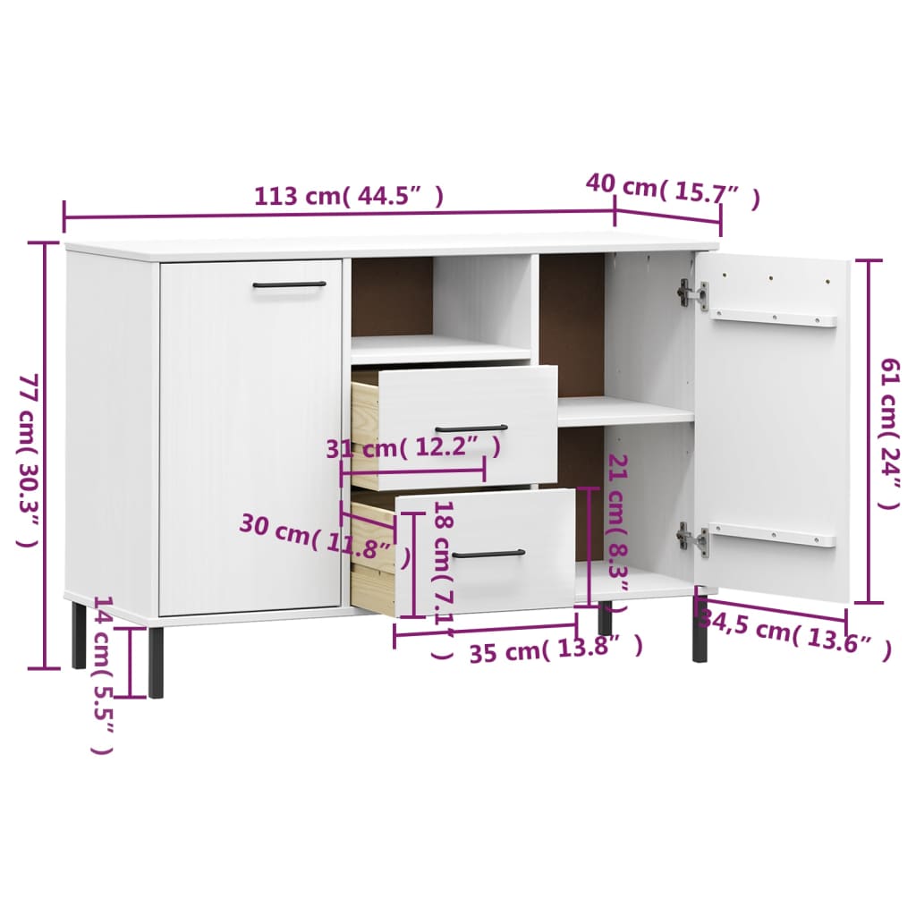 Komoda s metalnim nogama bijela 113x40x77 cm masivno drvo OSLO