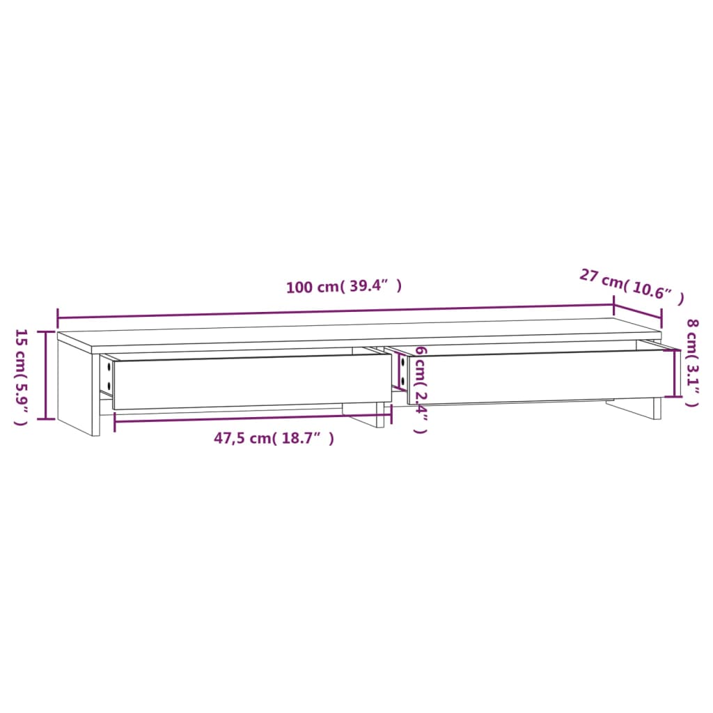 Stalak za monitor 100x27x15 cm od masivne borovine