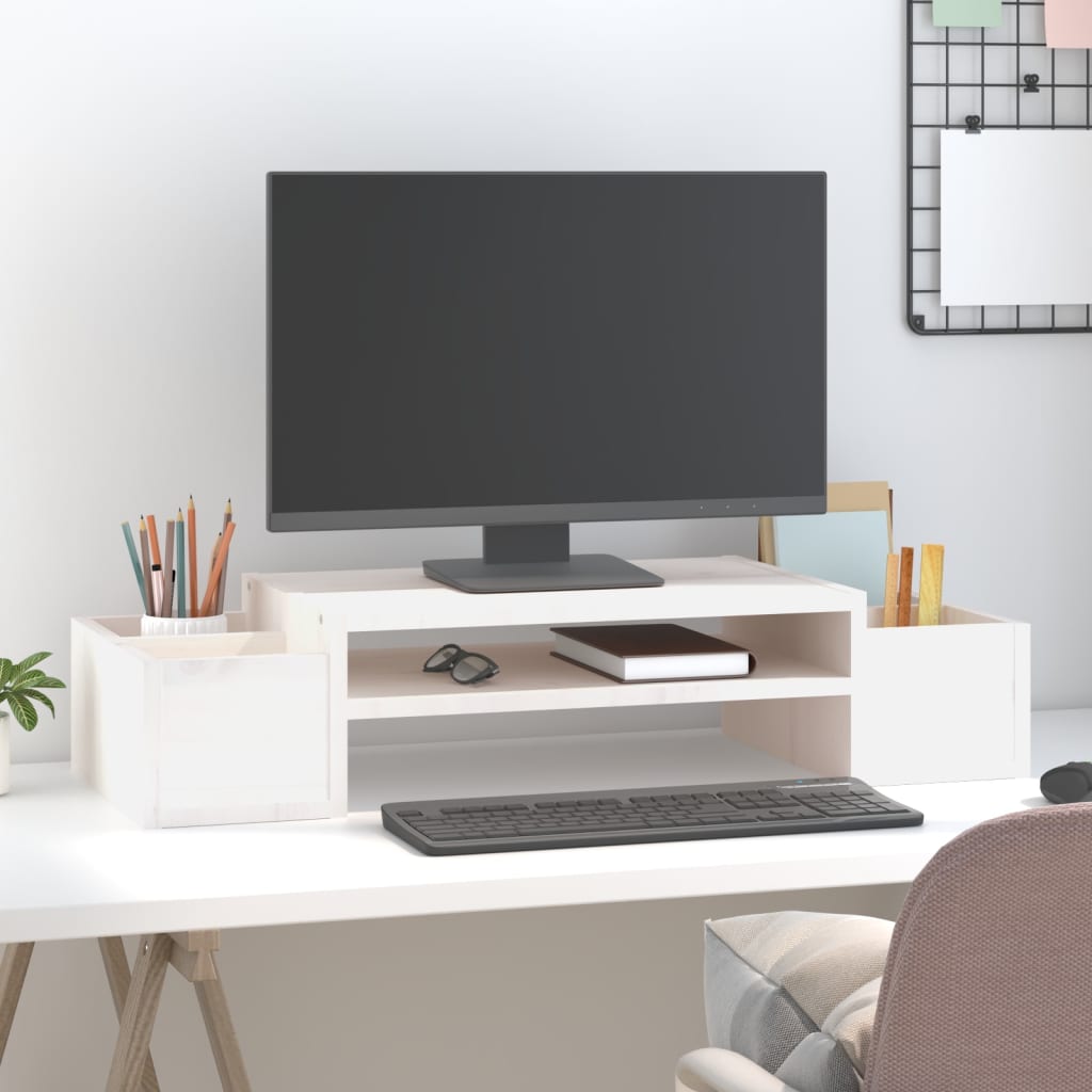 Stalak za monitor bijeli 70 x 27,5 x 15 cm od masivne borovine