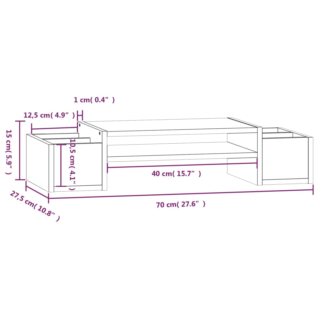 Stalak za monitor bijeli 70 x 27,5 x 15 cm od masivne borovine