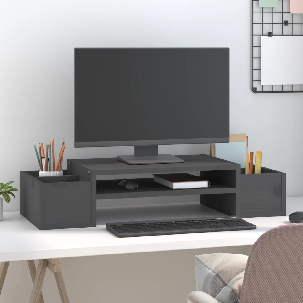 Stalak za monitor sivi 70 x 27,5 x 15 cm od masivne borovine