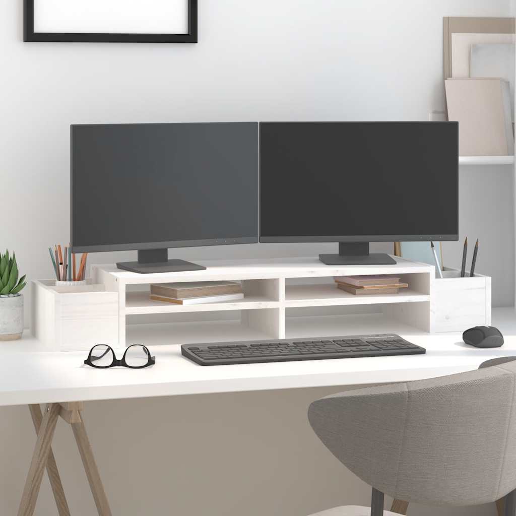 Stalak za monitor bijeli 100 x 27,5 x 15 cm od masivne borovine