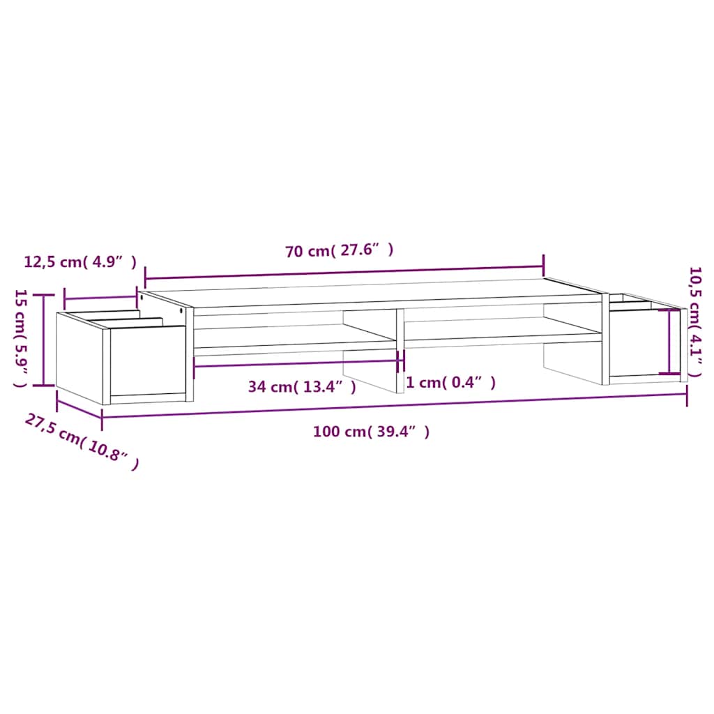 Stalak za monitor bijeli 100 x 27,5 x 15 cm od masivne borovine