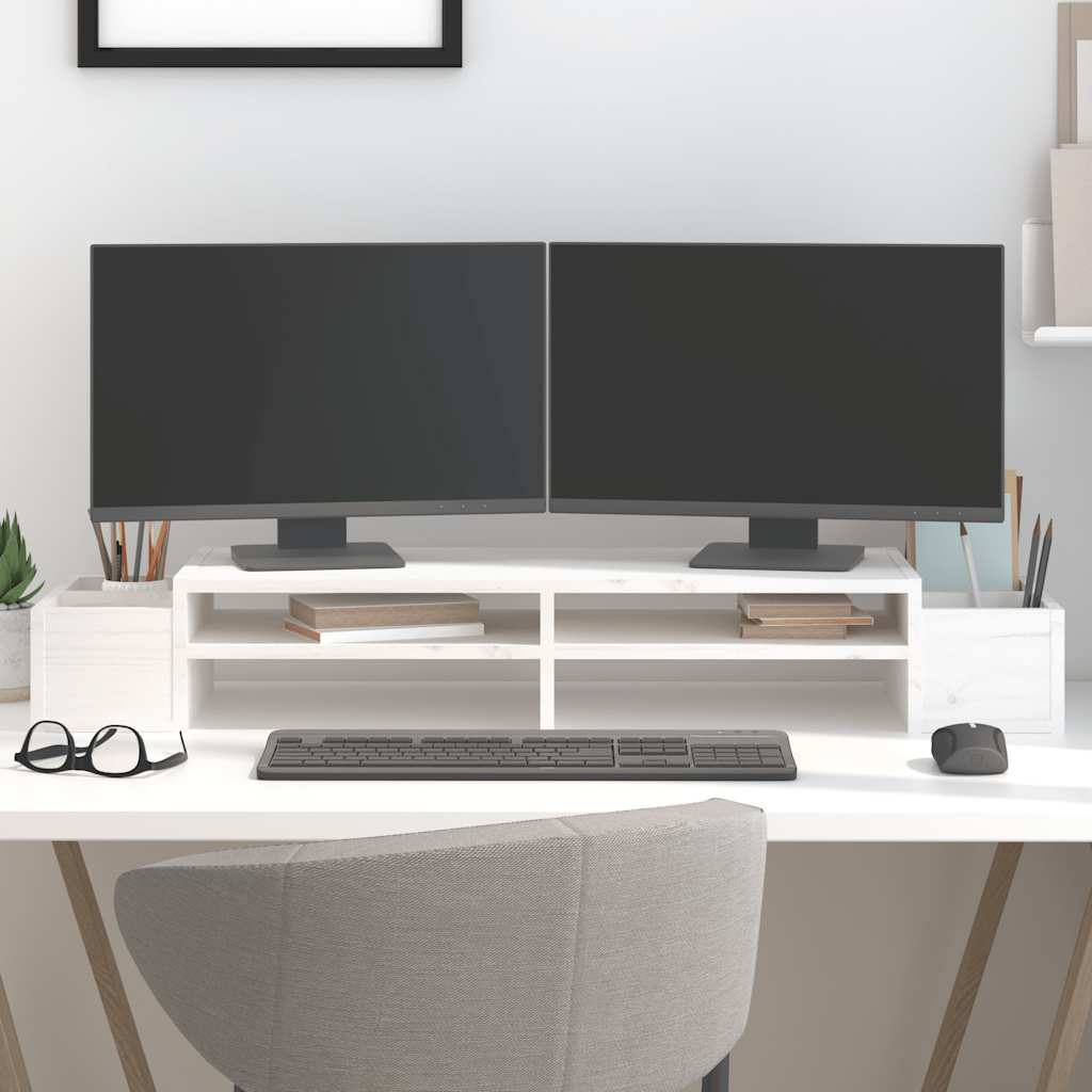 Stalak za monitor bijeli 100 x 27,5 x 15 cm od masivne borovine