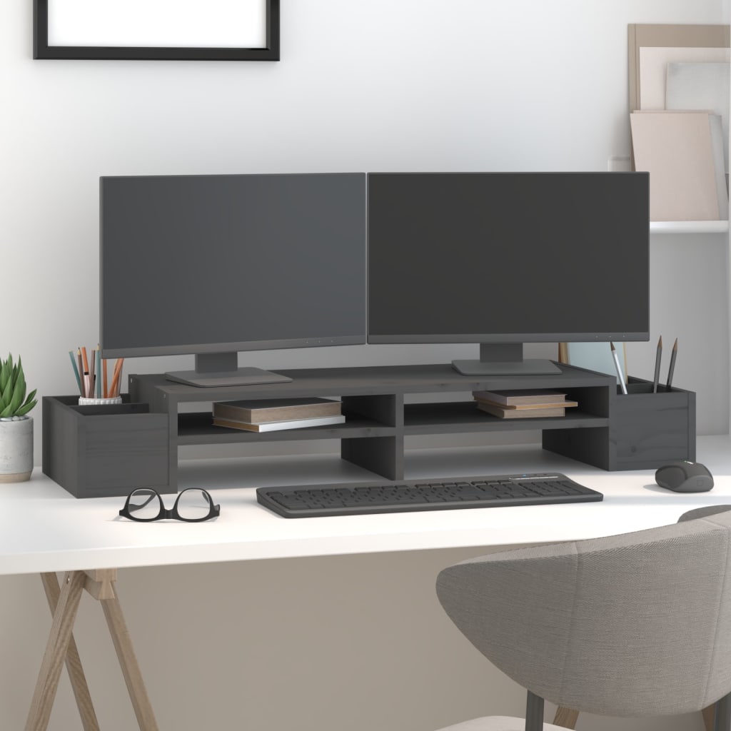 Stalak za monitor sivi 100 x 27,5 x 15 cm od masivne borovine