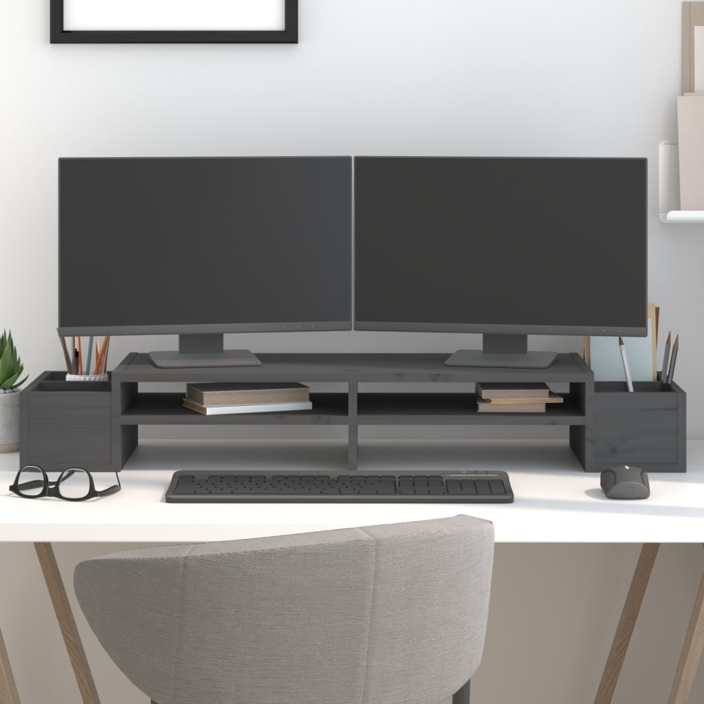 Stalak za monitor sivi 100 x 27,5 x 15 cm od masivne borovine