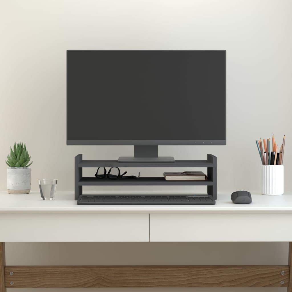 Stalak za monitor sivi 50 x 27 x 15 cm od masivne borovine