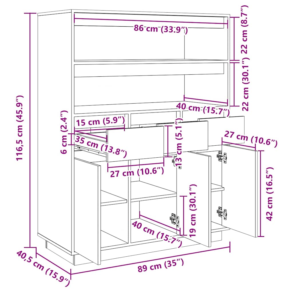 Visoka komoda boja meda 89x40x116,5 c cm od masivne borovine