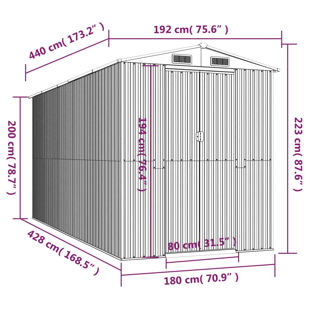 Vrtno spremište antracit 192 x 440 x 223 cm pocinčani čelik