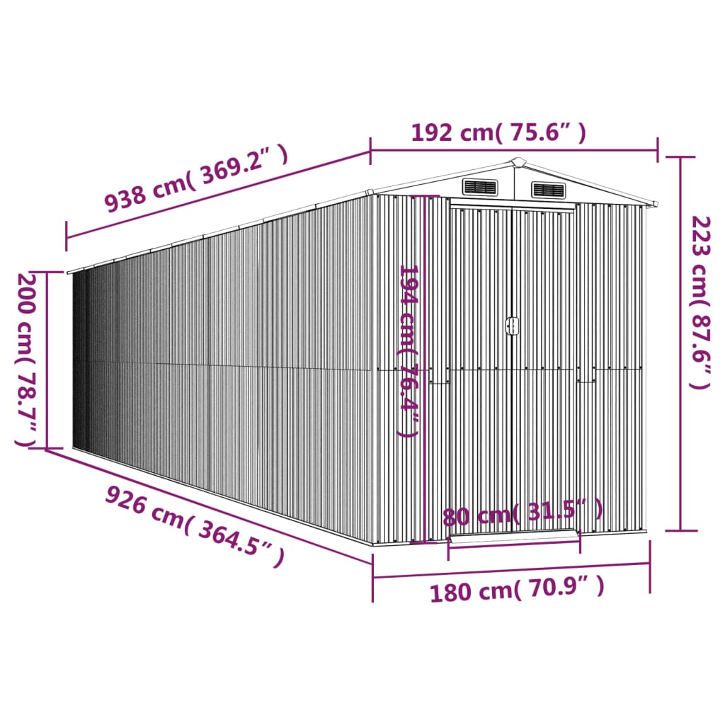 Vrtno spremište antracit 192x938x223 cm pocinčani čelik