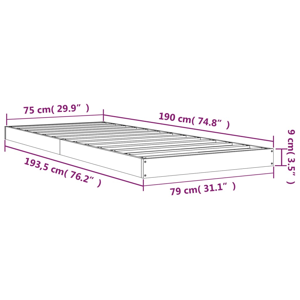 Okvir kreveta 75 x 190 cm mali od masivne borovine