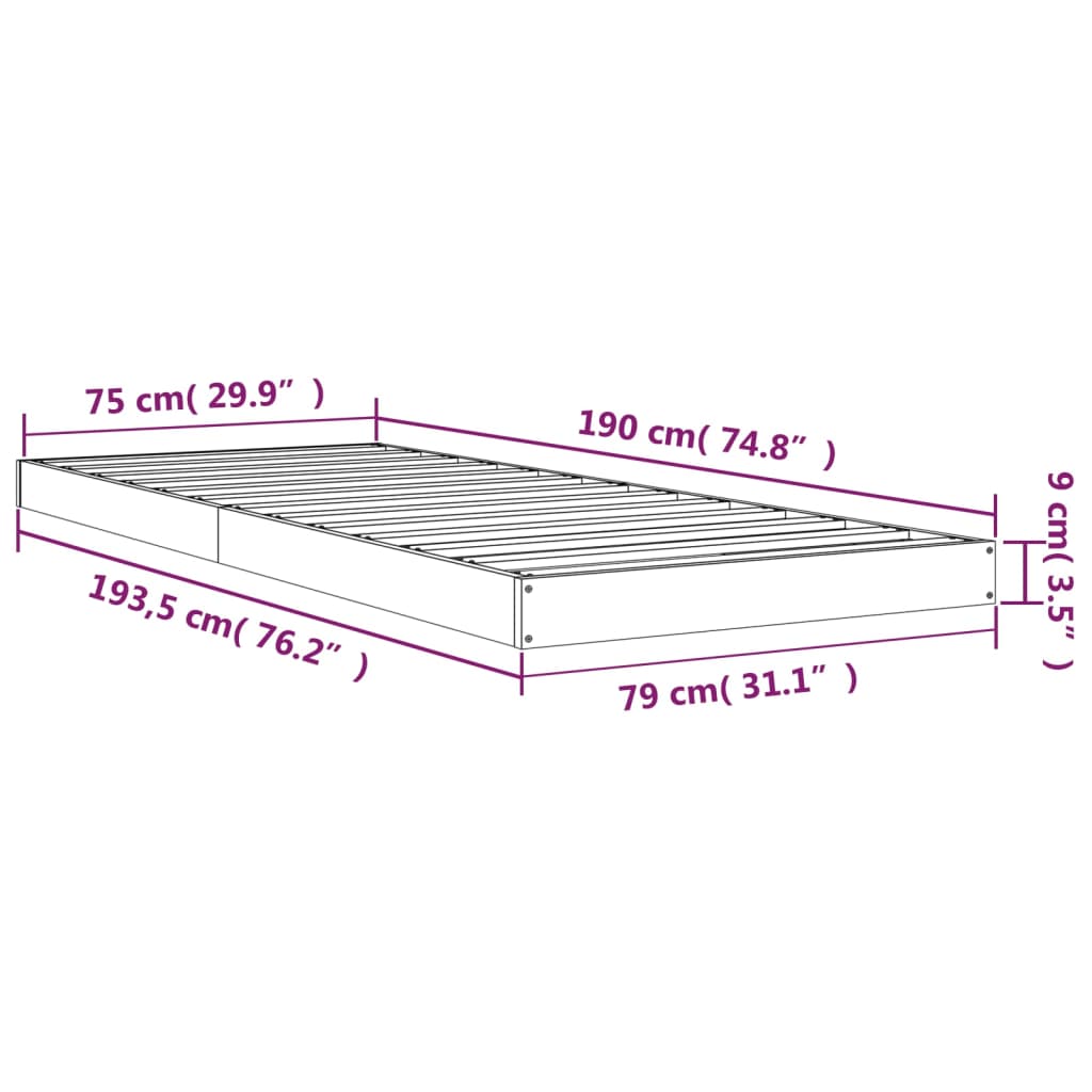 Okvir za krevet od masivne borovine sivi 75x190 cm mali