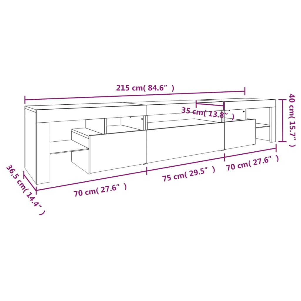 TV ormarić s LED svjetlima bijeli 215x36,5x40 cm