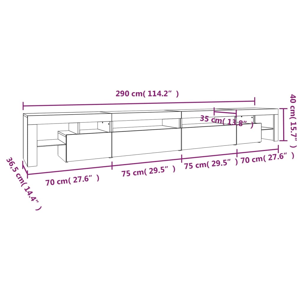TV ormarić s LED svjetlima siva boja betona 290x36,5x40 cm